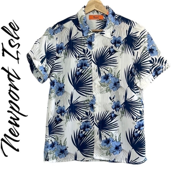 Newport Isle Blue/White Hibiscus Hawaiian Short Sleeve Button Up Shirt Size S - Picture 1 of 12